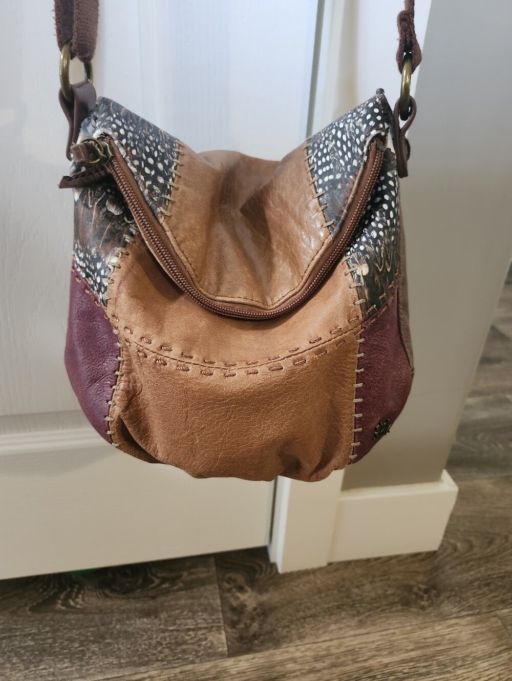 The Sak, Women’s Patchwork Leather Crossbody Bag in Brown and Plum. *As Is*